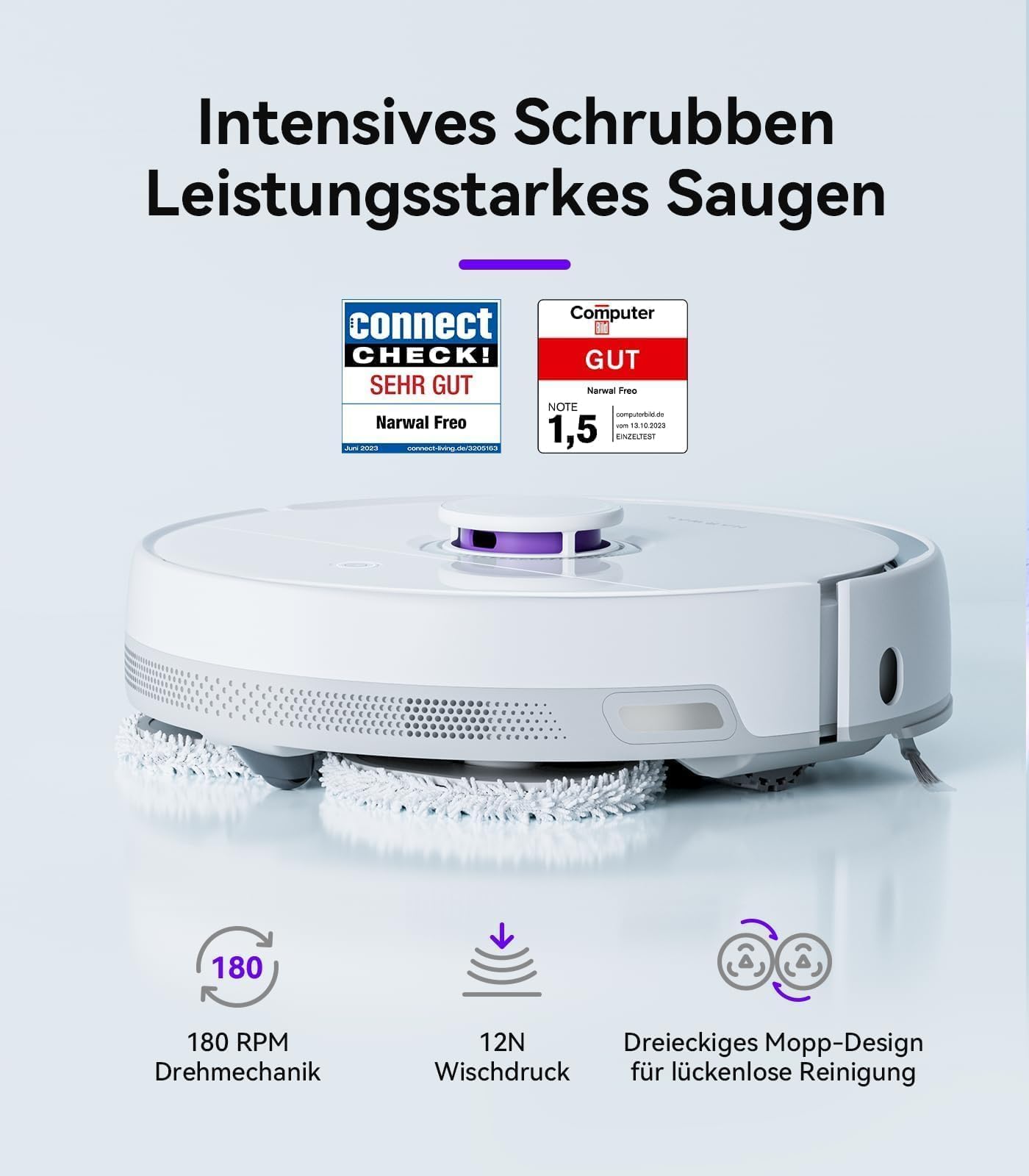 NARWAL Freo robotic vacuum cleaner with mopping function and automatic docking station (Freo mode and DirtSense dirt detection, rotating mops, Edge-Swing edge cleaning, hot air drying)