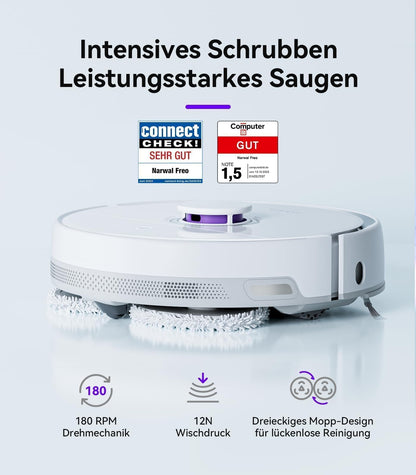 NARWAL Freo robotic vacuum cleaner with mopping function and automatic docking station (Freo mode and DirtSense dirt detection, rotating mops, Edge-Swing edge cleaning, hot air drying)