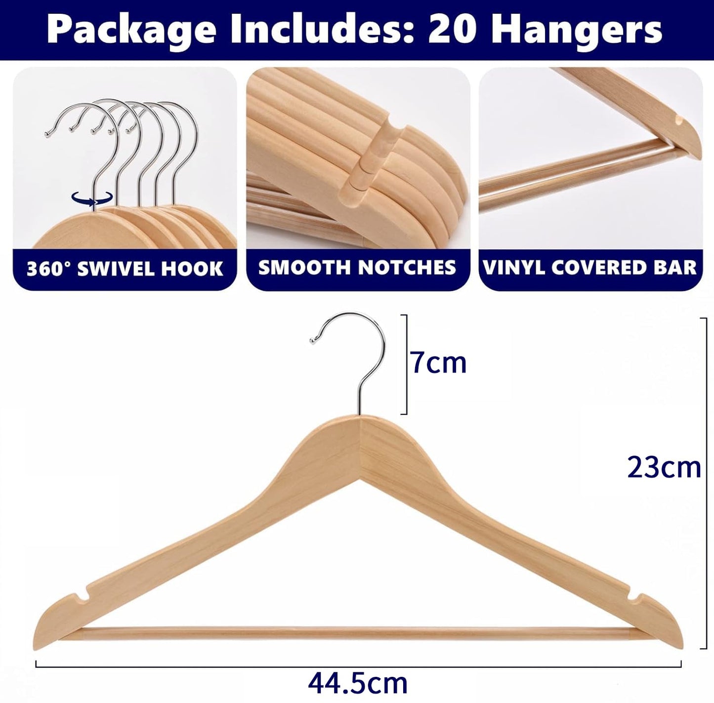Amber Home 20 Pieces 44.5cm Natural Wood Hangers with Bar and Notch, Sturdy Organizer for T-shirt Shirt Suit Coat Dress Wedding Top