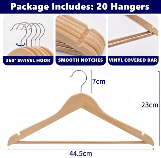 Amber Home 20 Pieces 44.5cm Natural Wood Hangers with Bar and Notch, Sturdy Organizer for T-shirt Shirt Suit Coat Dress Wedding Top