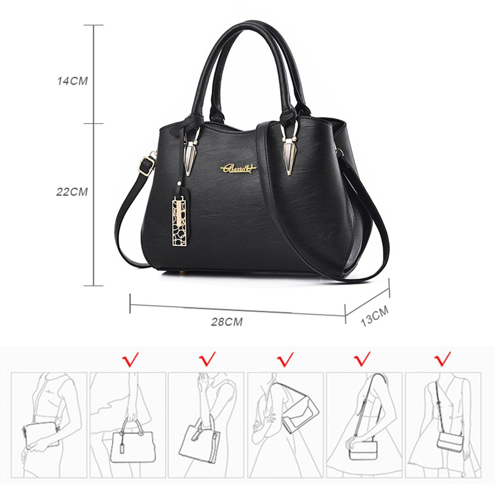 BestoU Women's Black Leather Large Handbag Ladies Shoulder Bag Women's Crossbody Bag (Black)