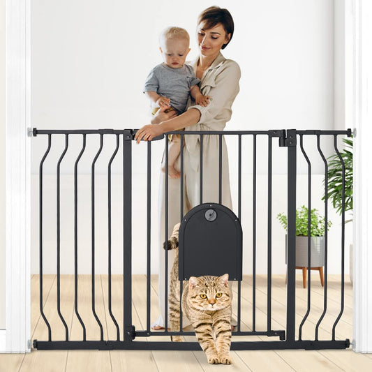 COMOMY Baby Safety Gate, Stair Gate No Drill, fits 75-123cm, Auto Close, One-Hand Operation, Double Lock, Anti-Pinch Pivot Design, Black