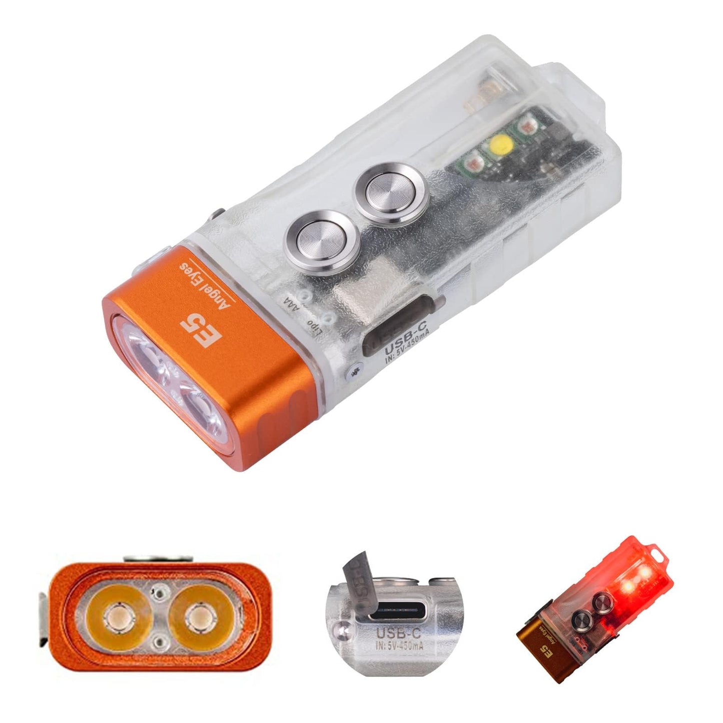 RovyVon E5 keychain flashlight, dual power sources, USB C, rechargeable and replaceable battery, EDC flashlight, 4000 K warm white emitter, mini flashlight with side light for camping