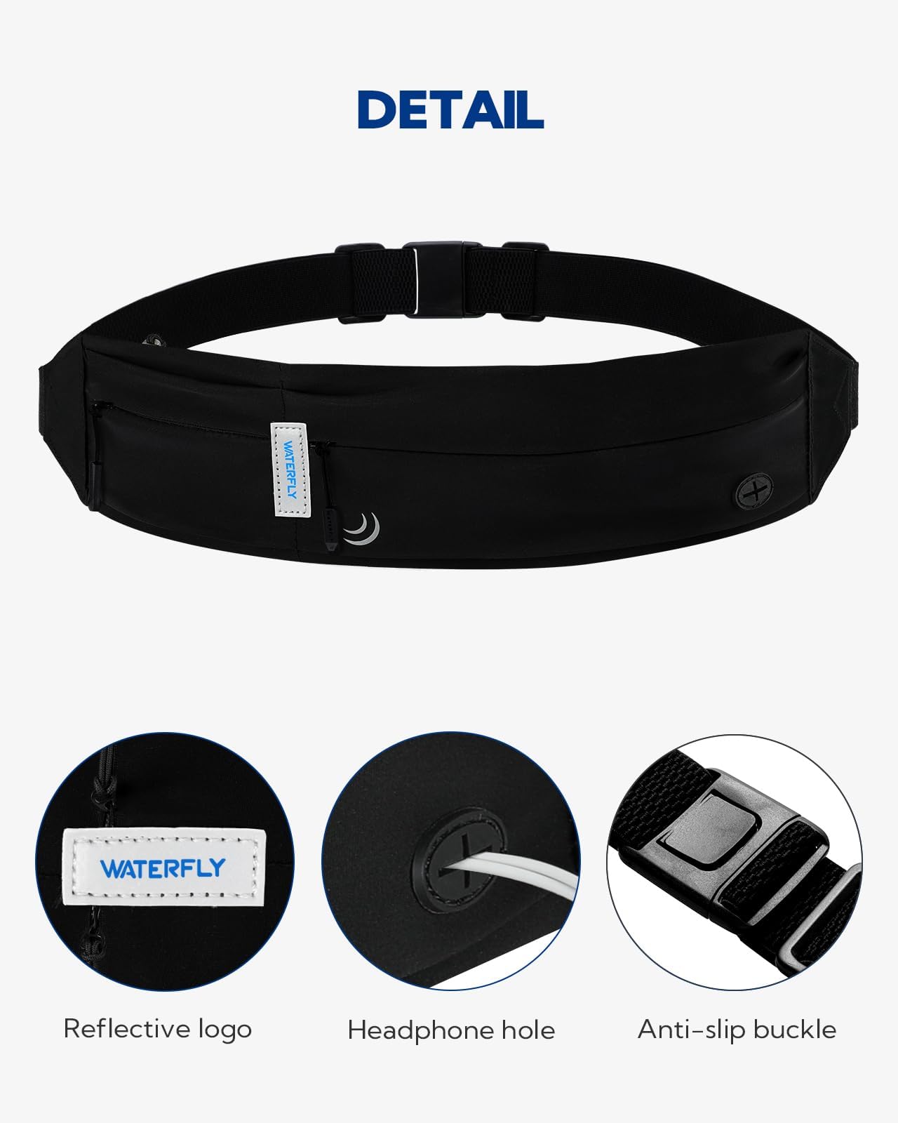 WATERFLY Running Waist Bag for Phone: Running Belt Flat Belly Bag for Women Men Jogging Belt Running Belt Running Bag Sports Belt Hip Bag for Running Sports Fitness Travel