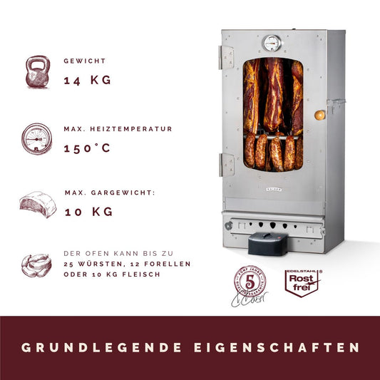 KAISER COMPANY '50' High-Quality Electric Smoker in Stainless Steel I Portable 80 cm Smoker I Perfect for Smoking I Fits up to 10kg of meat I 2000W I with Accessories I RUSTPROOF
