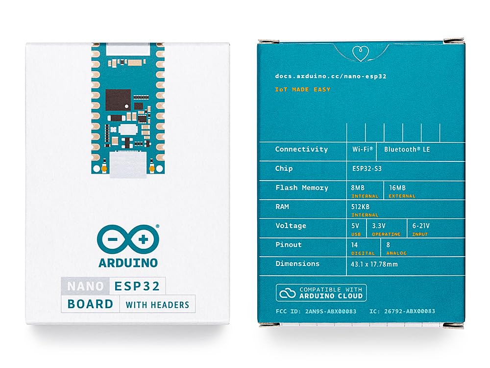 Arduino Nano ESP32 with Headers [ABX00083] - Compact board with ESP32 microcontroller, WiFi and Bluetooth, perfect for IoT projects, automation, and connected applications with Arduino IDE.