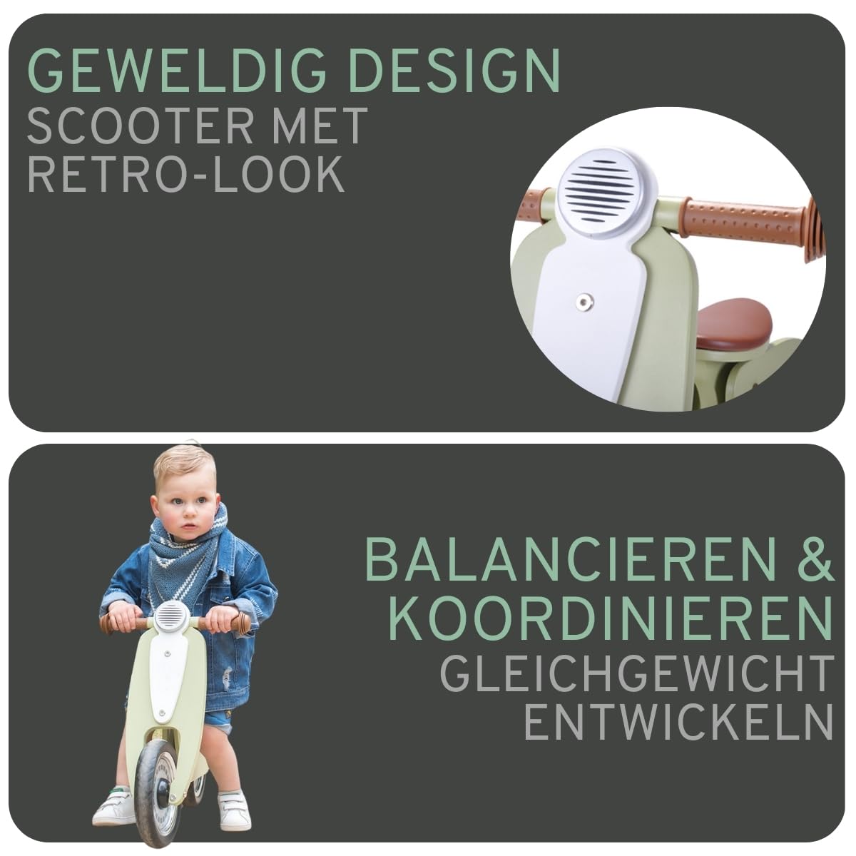 Bandits & Angels Italian Rider Balance Bike Wood Green from 2 years - For boys and girls - Green wooden balance bike - Ride-on retro scooter - Two-wheeler - Quiet wheels - Adjustable seat