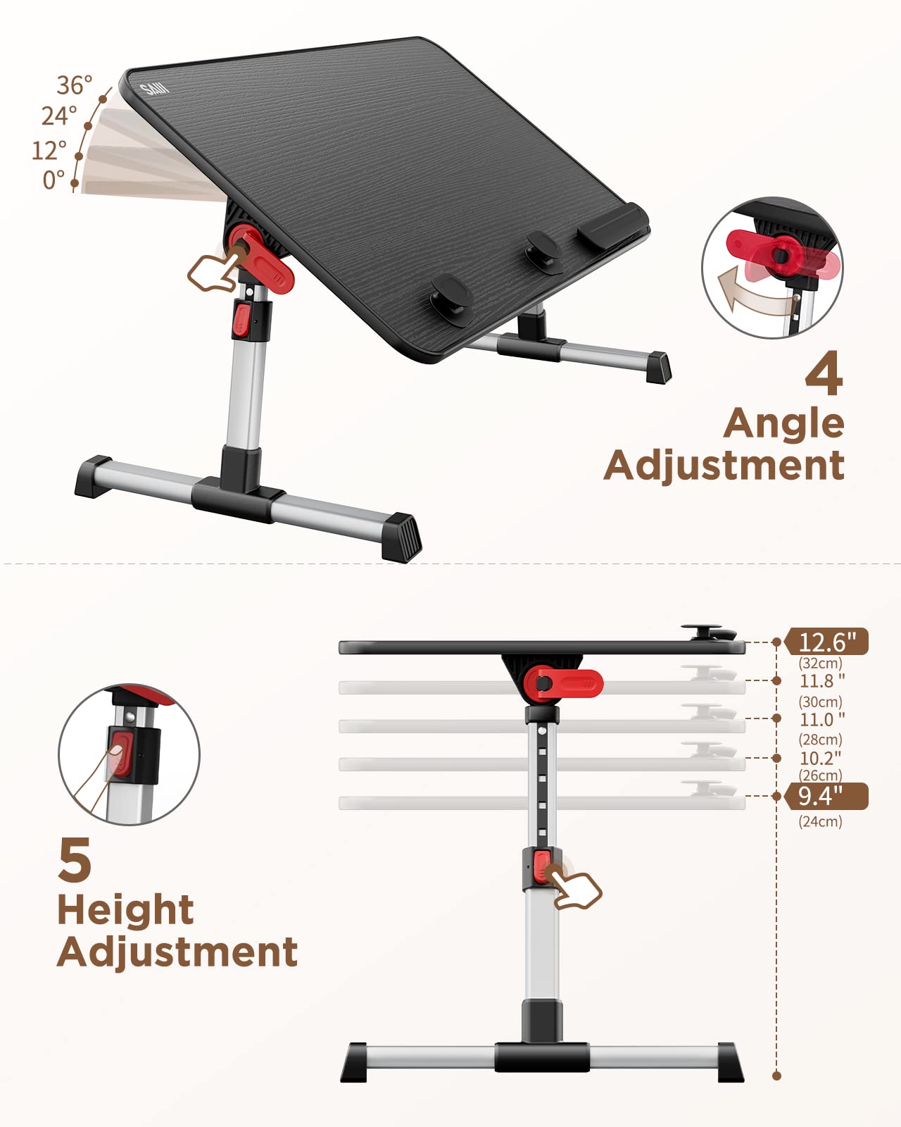 Table, SAIJI Adjustable Bed Table, with 4 adjustable angles, Foldable Lapdesk for working, studying, reading, writing, eating on sofa, couch, floor. Fits up to 17" laptop (60*33cm black)