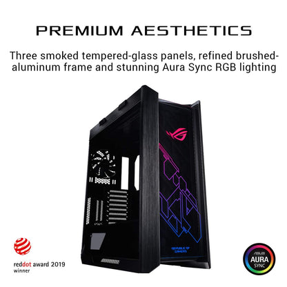 Asus ROG Strix Helios ATX gaming case, medium-sized, with THREE tempered glass panels and brushed aluminum construction and Aura Sync technology.