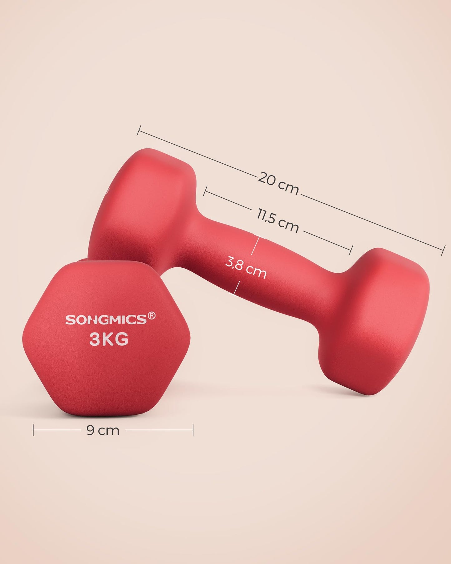 SONGMICS dumbbell set, 2 x 3 kg, with matte neoprene coating, non-slip, strength training, at home, red SYL66RD