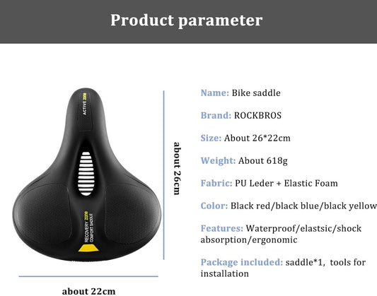 ROCKBROS Bike Saddle Comfortable Gel Seat Men Women Ergonomic Wide Bicycle Seat Soft Memory Foam MTB Road Bike 26*22cm Breathable Waterproof, Black