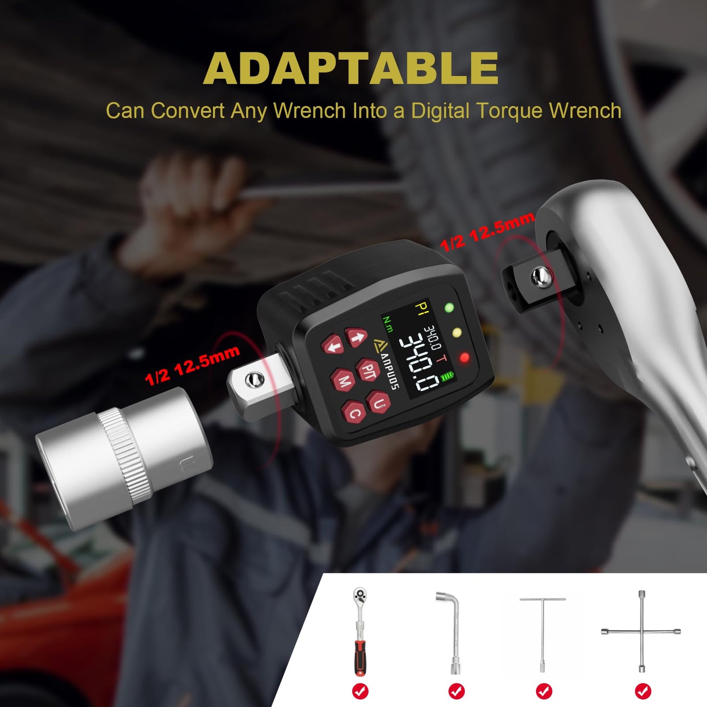 ANPUDS Digital Torque Adapter, 1/2 Inch 17-340Nm Torque Adapter Set with Preset, Storage, Buzzer, LCD Display, ± 1% Error Accuracy, 1/4" 3/8" Adapter for Car, Motorcycle