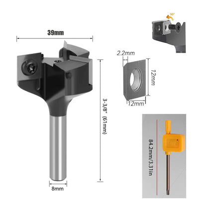 Sinoprotools planing cutter with 8mm shank, 3-edge insert cutter with 12mm carbide blades, diameter 39mm, for woodworking, CNC milling.