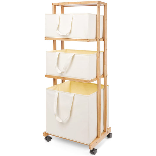 Yorbay bamboo laundry basket with wheels, 4-tier laundry sorter, 3 storage baskets bathroom shelf, laundry collector, 121x34x42cm, 50kg capacity, natural color.