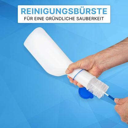 ARNOMED® PP male urinal 1L [WITH HOLDER & BRUSH], portable urinal bottle with screw cap, square-shaped male pee bottle, emergency pee bottle for men, urinal for men, duck urinal