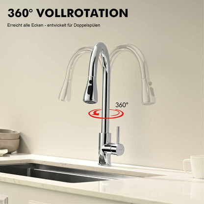 Ibergrif Kitchen Faucet Pull Out Stainless Steel 360° Swivel, Mixer Tap with 3 Spray Modes, 50cm Cold-Warm Water Connection Hoses, Easy Installation, Polished Chrome