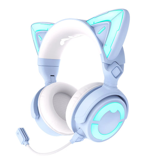 YOWU RGB Cat Ear Headphones 4, upgraded wireless and wired gaming headset with detachable HD microphone, active noise cancellation, customizable lighting and effects via app, blue.