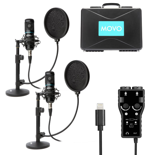 Movo Smartphone Podcast Recording Microphone Kit includes 2 condenser microphones, 2 desktop mic stands, 2 pop filters, and a 2-channel XLR interface with Lightning output. It is compatible with iPhone, iPad, and iOS devices.