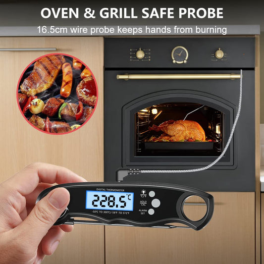 CIRYCASE Digital Meat Thermometer, Instant Read Roasting Thermometer Grill Thermometer, External Probe with 2 Long Probes & Magnet, Alarm Function, Kitchen Thermometer for BBQ, Oven.