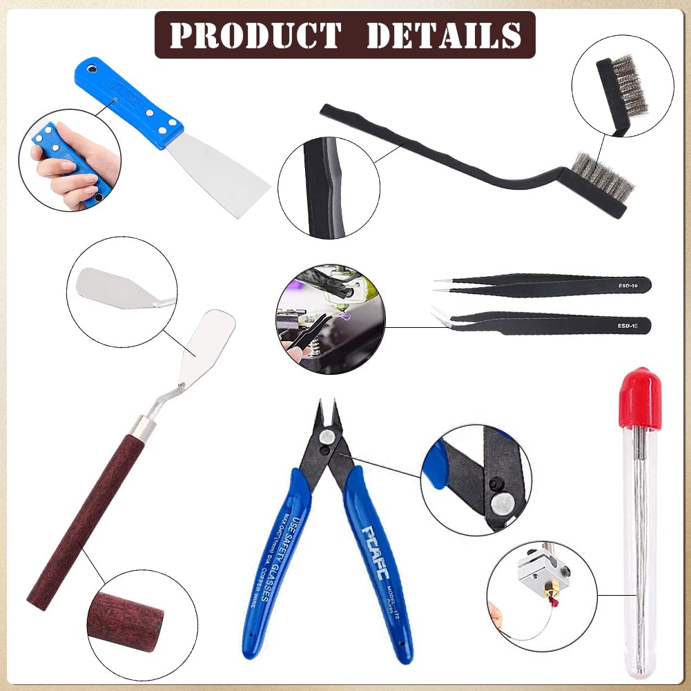OLYCRAFT 23-piece 3D printer nozzle cleaning and removal tool set includes spatula knives, wire brush, scraper knives, diamond files, and tweezers for 3D printer cleaning.
