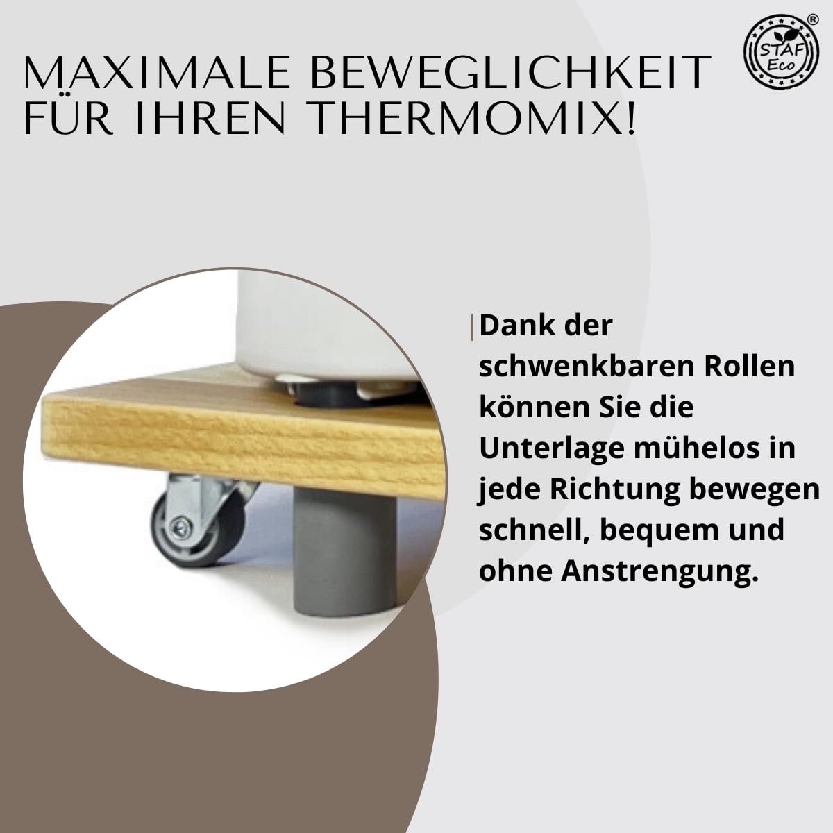 STAFECO Premium Wood Slide Board for Thermomix TM6 TM5 - Stable and stylish base with swiveling wheels, vibration damping, and worktop protection (natural wood)