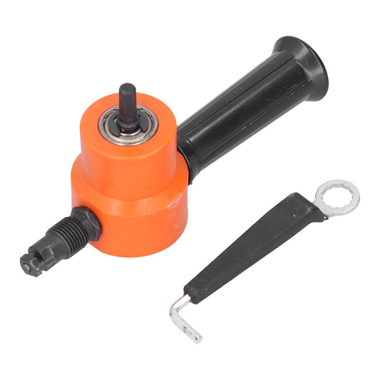 Kadimendium double head nibbler 360° adjustable versatile drill attachment metal cutter double head sheet nibbler for straight, curves, and circular cuts.