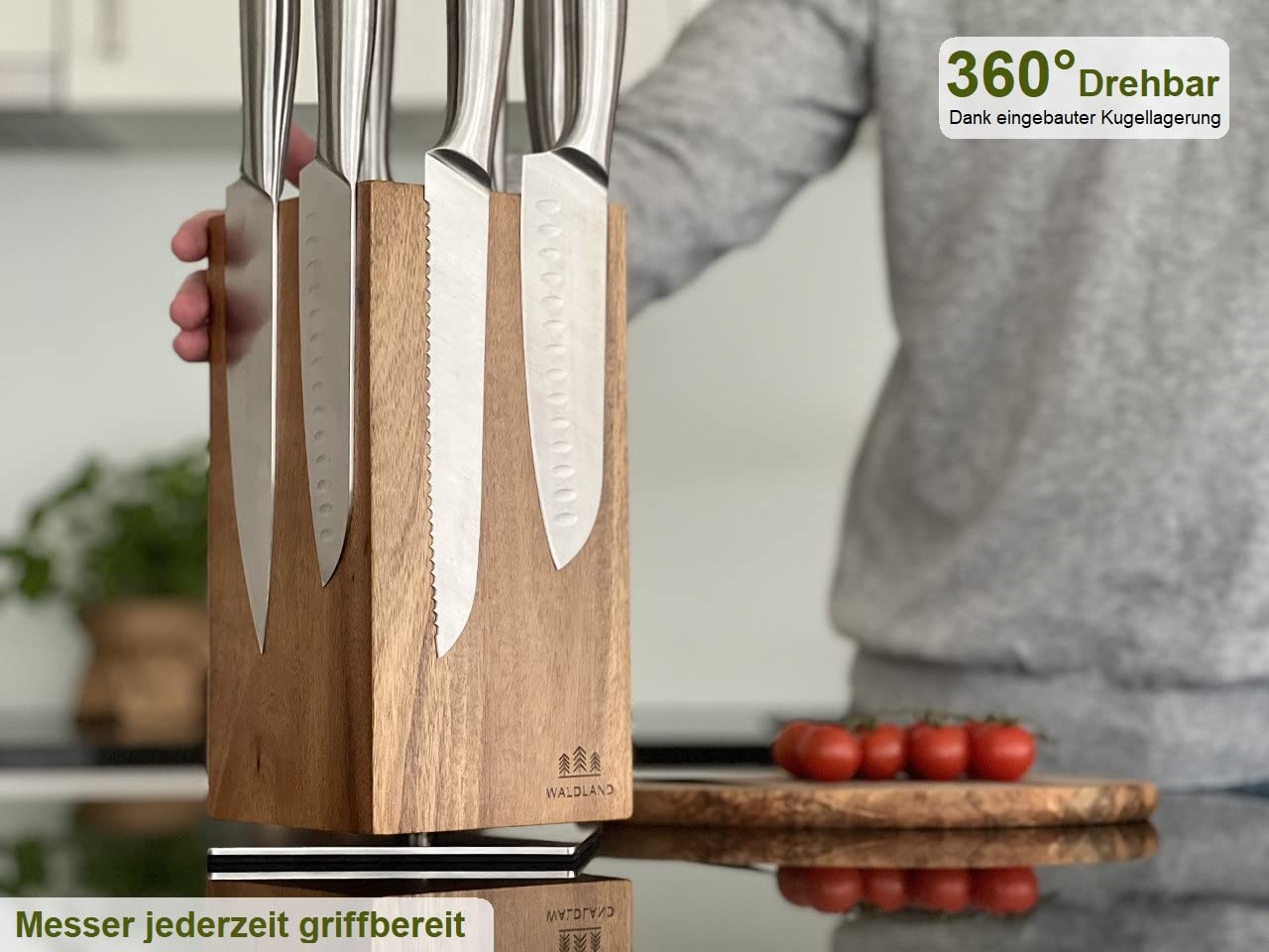 WALDLAND Premium knife block without knives I Magnetic and 360° rotatable knife block made of elegant and sturdy acacia wood I Magnetic knife holder for knives I Wooden block kitchen organizer