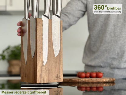 WALDLAND Premium knife block without knives I Magnetic and 360° rotatable knife block made of elegant and sturdy acacia wood I Magnetic knife holder for knives I Wooden block kitchen organizer