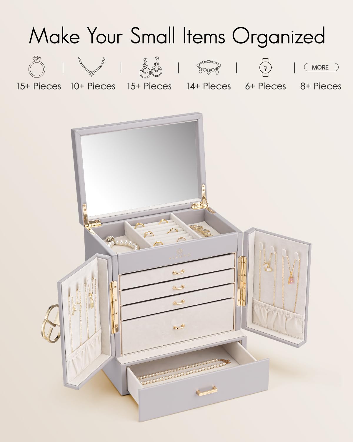 Vlando Jewelry Box Large, French Jewelry Case 6 Levels, Jewelry Organizers Large XXL with Mirror, Drawers, Jewelry Storage for Women, Jewelry Box for Earrings, Necklaces, Watches