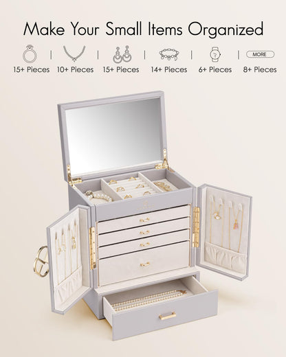 Vlando Jewelry Box Large, French Jewelry Case 6 Levels, Jewelry Organizers Large XXL with Mirror, Drawers, Jewelry Storage for Women, Jewelry Box for Earrings, Necklaces, Watches