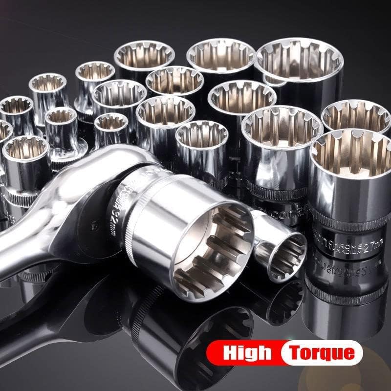 Multi-tooth socket set, 1/2-inch drive, metric, 8-32 mm, 12-point Cr-V socket set, 19 pieces.