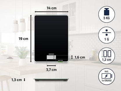 Soehnle Page Compact 100, digital kitchen scale, weight up to 5 kg (accurate to 1 g), household scale with convenient tare function, electronic scale including batteries, compact size, black.