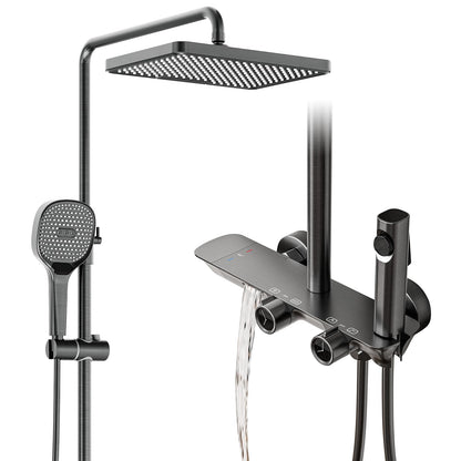QREZAA Shower System with Thermostat, Featuring 32 X 22cm Rain Shower Hand Shower Bidet Sprayer Bathtub Faucet, Adjustable Shower Column, Wall Mount Shower Set, Thermostat Brass Valve (Gray)