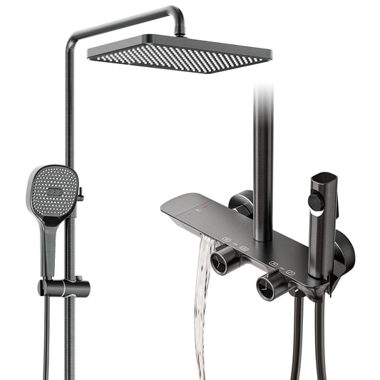 QREZAA Shower System with Thermostat, Featuring 32 X 22cm Rain Shower Hand Shower Bidet Sprayer Bathtub Faucet, Adjustable Shower Column, Wall Mount Shower Set, Thermostat Brass Valve (Gray)