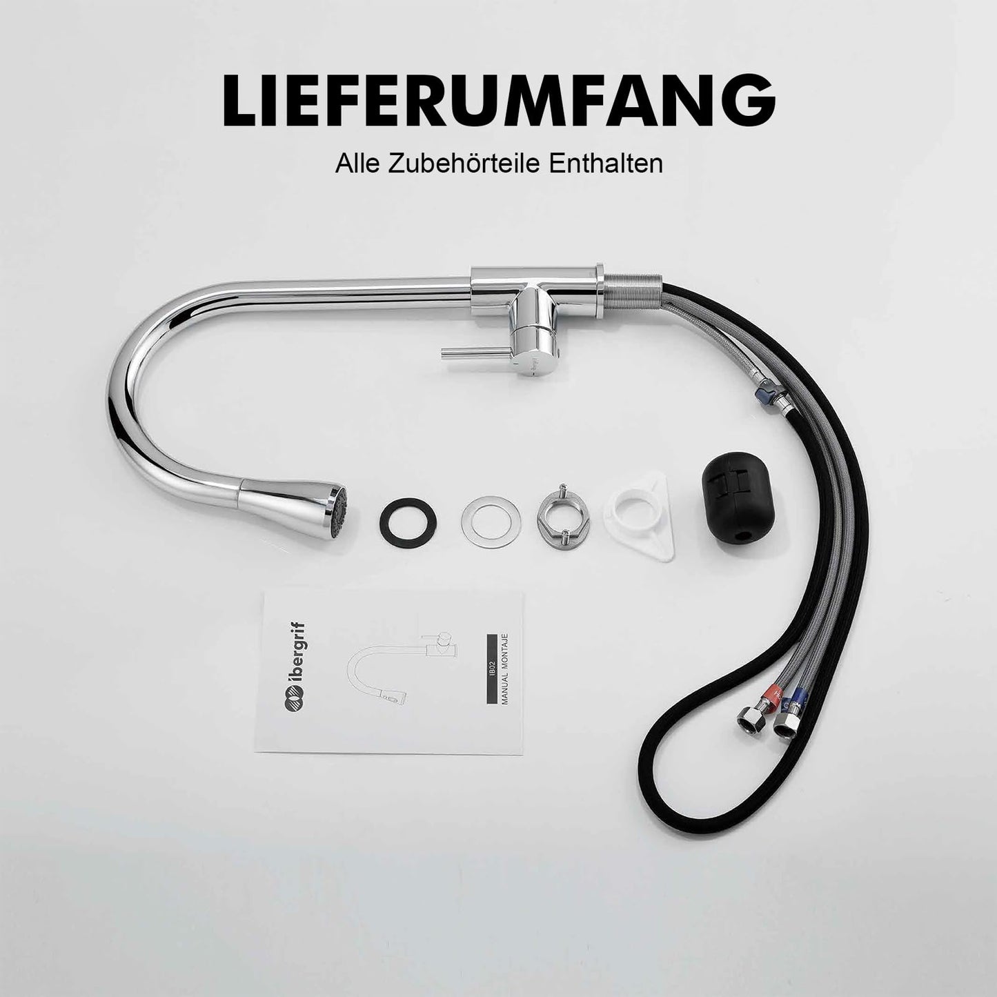 Ibergrif Kitchen Faucet Pull Out Stainless Steel 360° Swivel, Mixer Tap with 3 Spray Modes, 50cm Cold-Warm Water Connection Hoses, Easy Installation, Polished Chrome