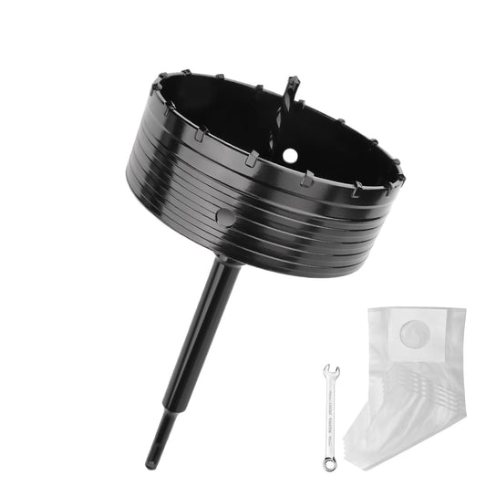 160mm carbide tipped hole saw (XXL teeth) black set including 220mm SDS plus extension and 4-cutter pilot drill 8x110mm, wall hole saw drill for masonry and concrete.
