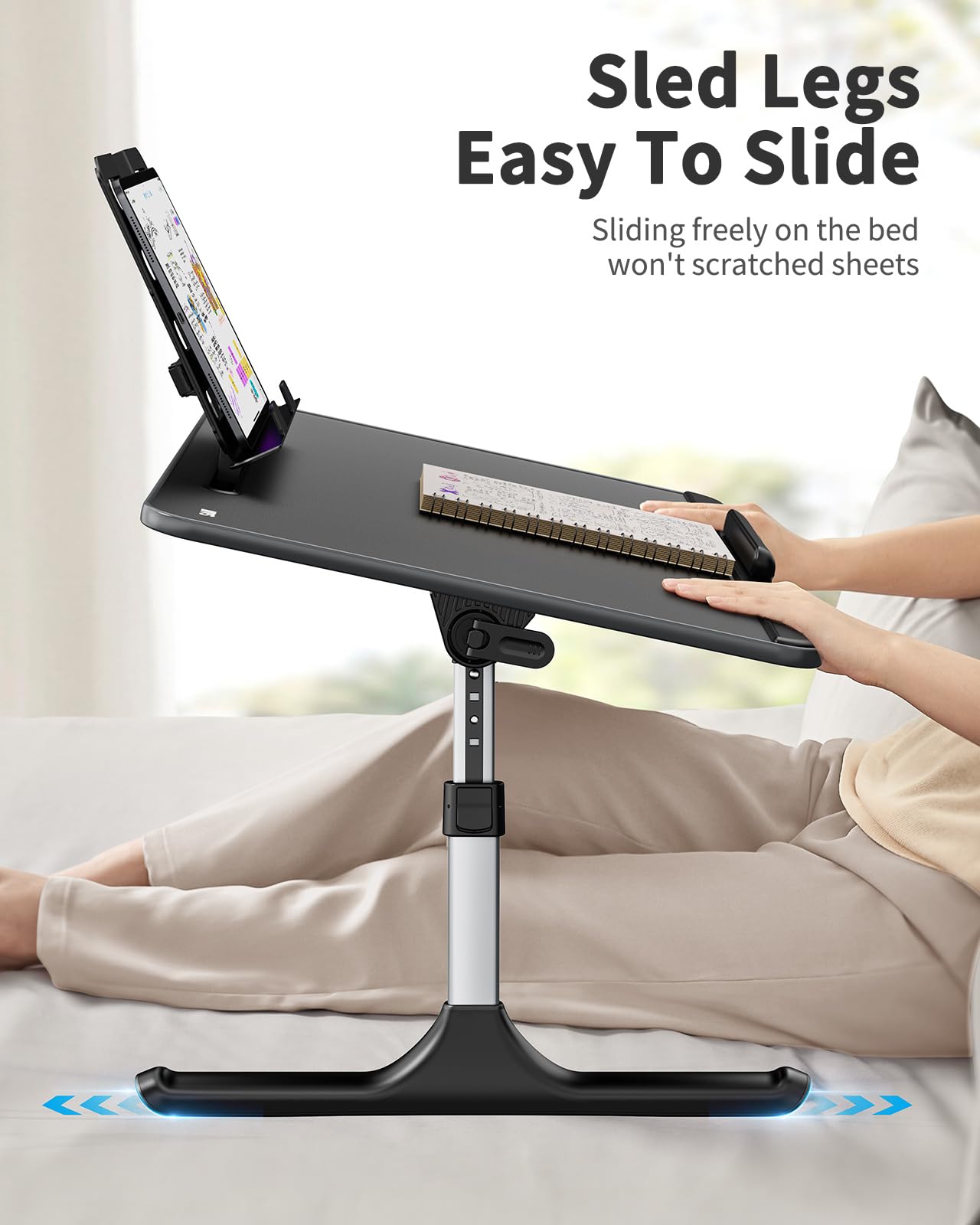 Folding Bed Table, SAIJI 60 * 40cm Laptop Desk, Adjustable Height in 5 Levels, with Book Stand, Drawer, Lap Stopper, Tablet Slot, Notebook Table for Reading or Breakfast and Drawing Table.