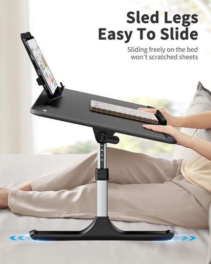 Folding Bed Table, SAIJI 60 * 40cm Laptop Desk, Adjustable Height in 5 Levels, with Book Stand, Drawer, Lap Stopper, Tablet Slot, Notebook Table for Reading or Breakfast and Drawing Table.