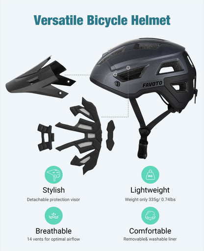 Favoto Mountain Bike Helmet with Visor Lightweight - Double In-Mold Technology MTB Helmet for Men Women Road Cycling Helmet L(59-61cm) Adjustable Grey