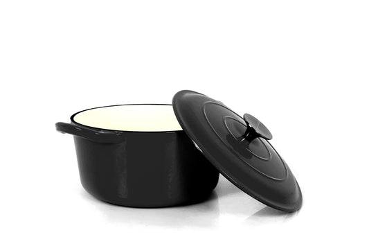 Real Work Dutch oven made of cast iron with enamel coating, cast iron pot, roaster with lid, round bread baking pot, suitable for ovens, grills, BBQs and induction, black, 3.5 L, Ø 22.5 cm, Large