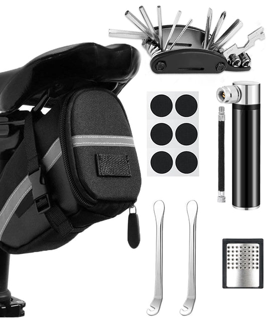 Bike repair kit with saddle bag, 16-in-1 bike multitool + 120 PSI mini air pump, bike tool set for on-the-go, emergency tool patch kit | Tool set for bike, MTB, road bike