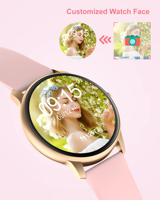 GRV Round Smartwatch for women and men with heart rate monitor, pedometer, sleep tracker, 7 days battery life, personalized watch face.