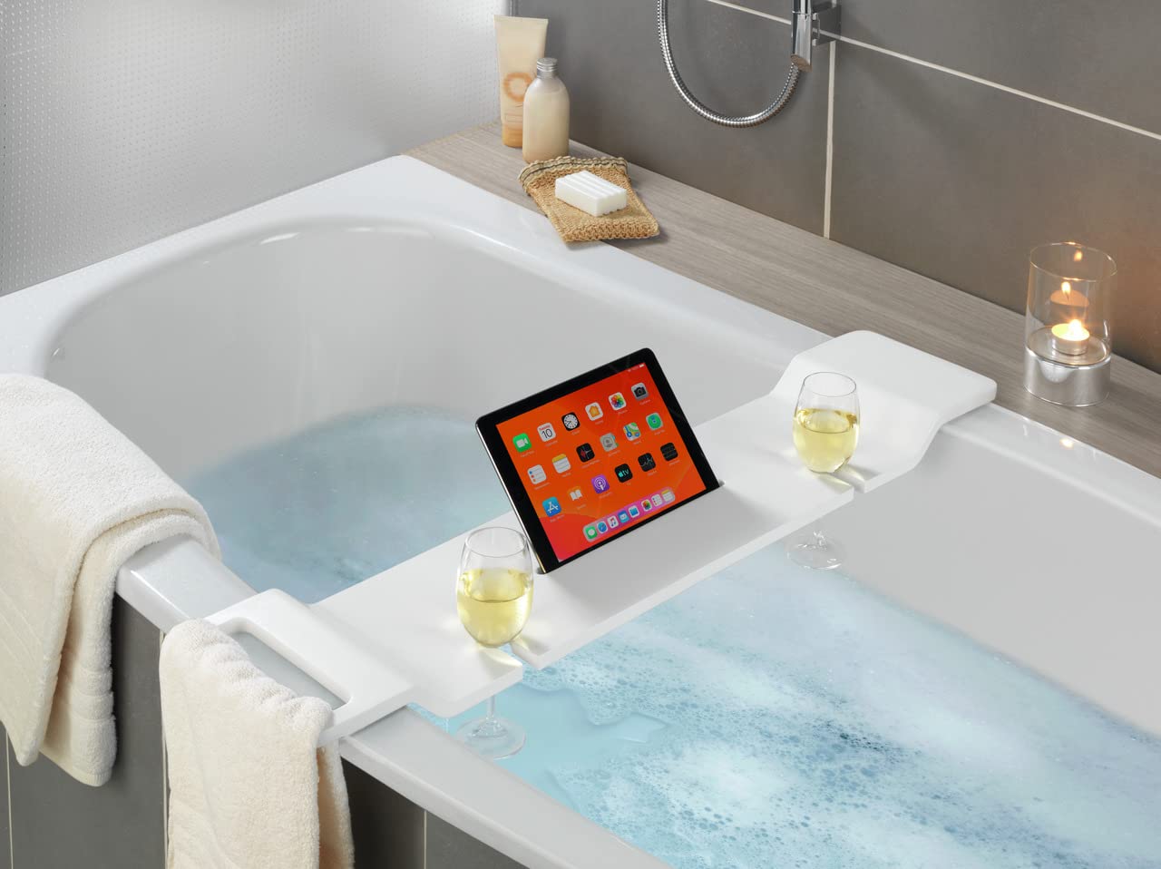 WENKO bathtub tray Matera with practical storage space for tablet, glasses, and bath accessories, spacious bathtub caddy for a relaxing bath, made of polyresin, dimensions: 94 x 5 x 20 cm, White