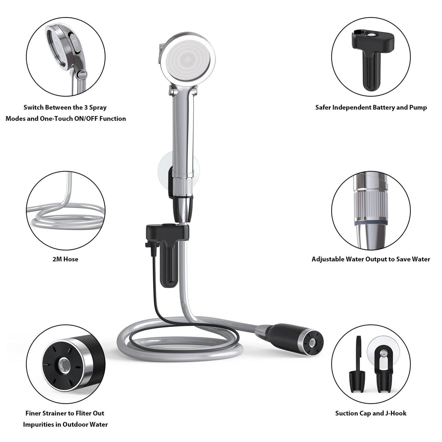 Camping shower with pump, Stouchi Camping Shower Set Battery Camping Shower Outdoor Camping Sink, 2m shower hose, Adjustable water flow, Portable shower, for garden beach camping travel car wash.