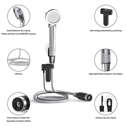 Camping shower with pump, Stouchi Camping Shower Set Battery Camping Shower Outdoor Camping Sink, 2m shower hose, Adjustable water flow, Portable shower, for garden beach camping travel car wash.