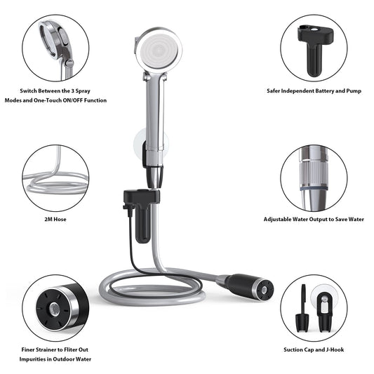 Camping shower with pump, Stouchi Camping Shower Set Battery Camping Shower Outdoor Camping Sink, 2m shower hose, Adjustable water flow, Portable shower, for garden beach camping travel car wash.