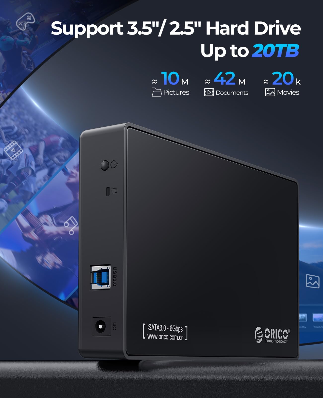 ORICO 3.5-inch External USB 3.0 Hard Drive Enclosure for 3.5/2.5 inch SATA HDD/SSD Up to 20TB, Tool-free 3.5'' HDD Enclosure with 12V/2A Power Adapter and UASP Acceleration (3588US3)