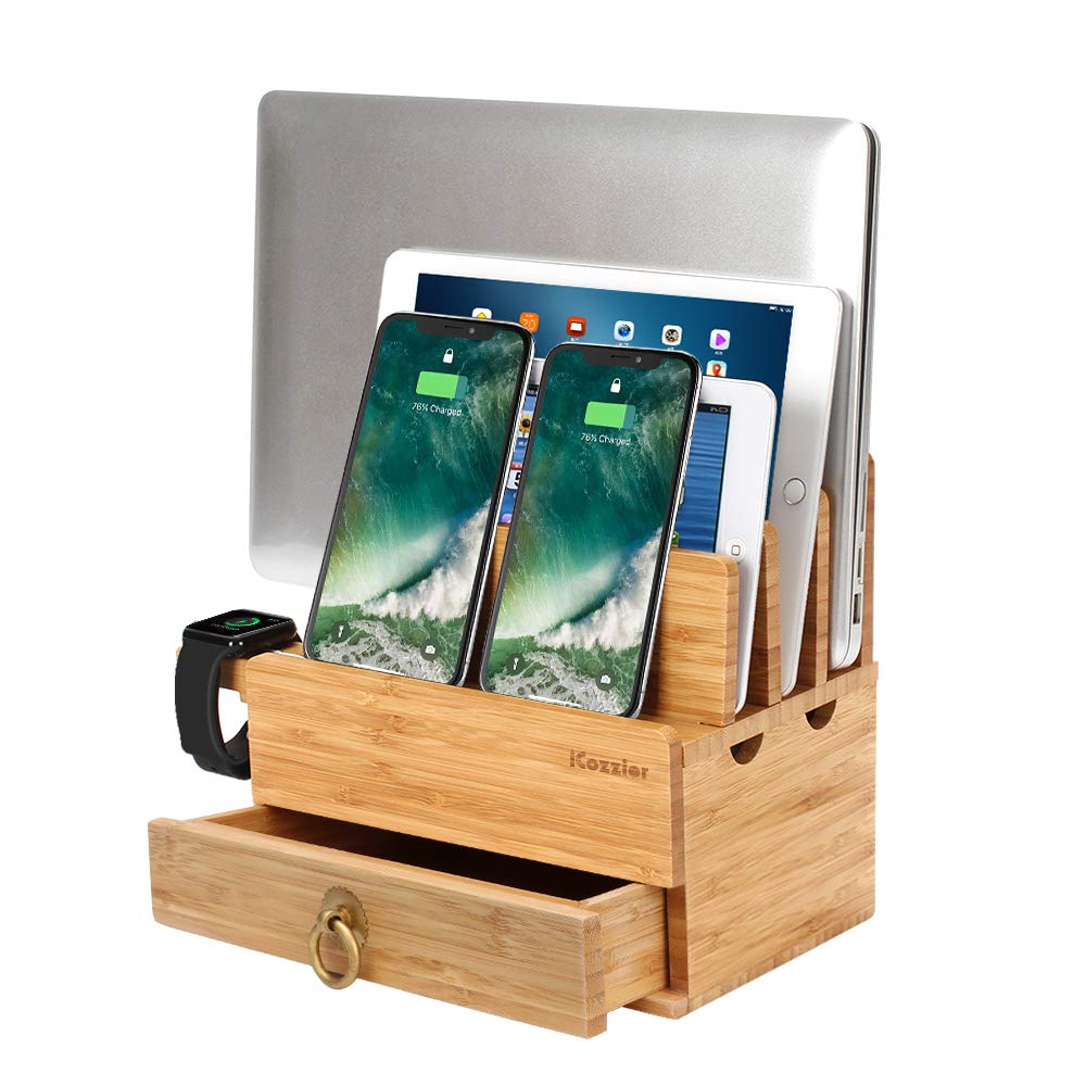 iCozzier 4 Slot Detachable Bamboo Watch Stand With Drawer Charging Station for Multiple Devices Dock for iWatch, Smartphones, Tablets, Laptops