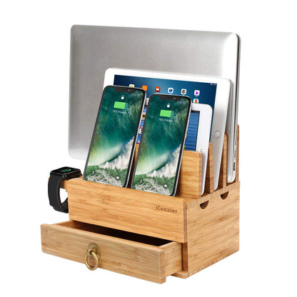 iCozzier 4 Slot Detachable Bamboo Watch Stand With Drawer Charging Station for Multiple Devices Dock for iWatch, Smartphones, Tablets, Laptops