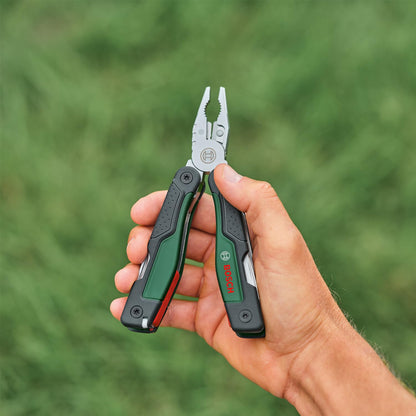 Bosch 16-in-1 Multi-Tool (multifunctional tool for DIY, outdoor, and camping; stainless steel; locking function; softgrip; 16 functions: pliers; screwdriver; knife; saw, etc.)